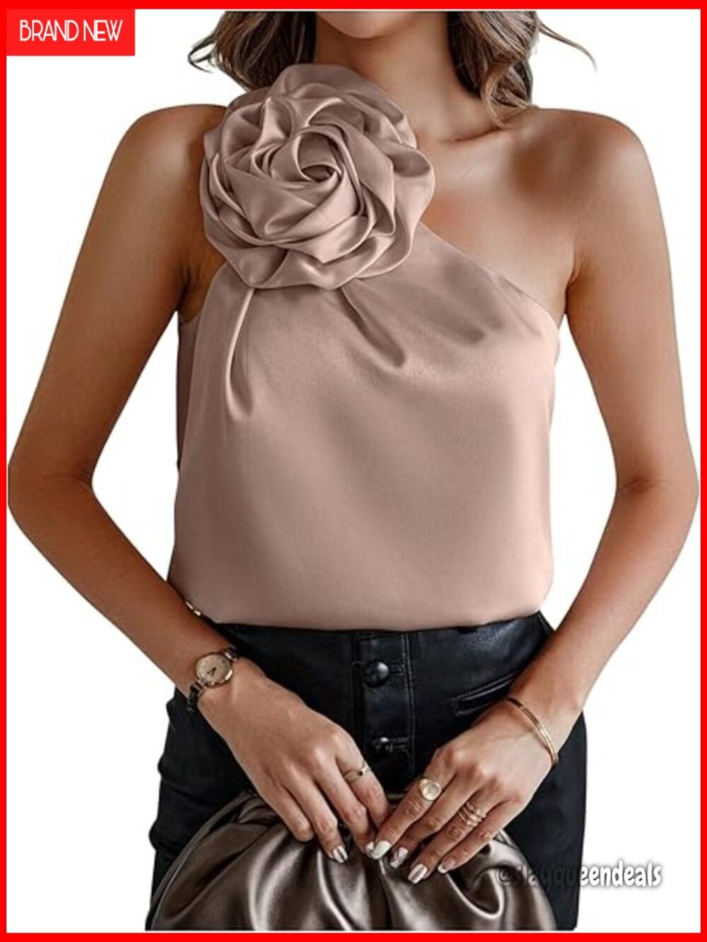 One Shoulder Sleeveless Blouse with 3D Floral Appliques, Business Casual Top